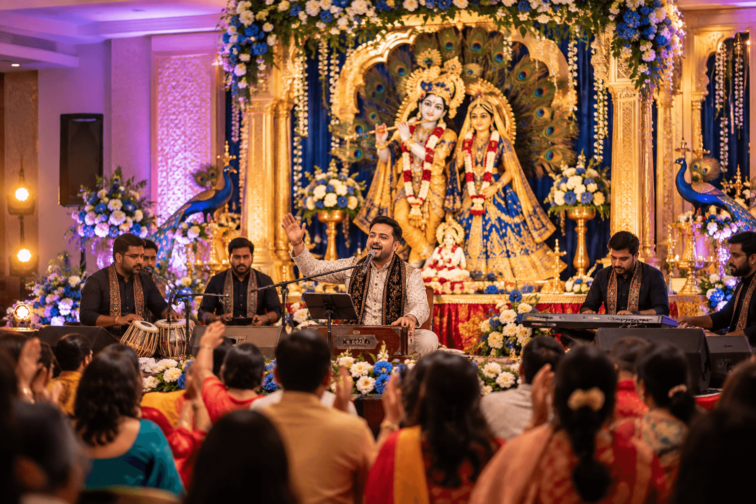 A singer and musicians performing bhajans before a Krishna and Radha shrine, with guests seated in front.